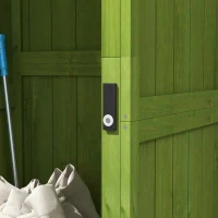 Outsunny Small Shed, Tall Slim Wooden Garden Shed with 3 Removable Shelves and Roof Hatch, Compact Outdoor Tool Storage Cabinet with Asphalt Roof and Door Latch, 77 x 54.2 x 179 cm, Green(m-8)