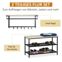 HOMCOM 2-in-1 Garderobenset Flurgaderobe mit Sitzbank Wandgarderobe für Eingangsbereich, 6 Haken, Natur+Schwarz, 75 x 30 x 45 cm(Sitzbank)(m-5)