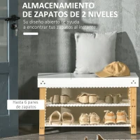 HOMCOM Banco Zapatero de Bambú Banco para Zapatos para 6 Zapato con Almacenaje Oculto 80x30x45 cm Natural y Blanco(m-4)