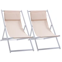 Outsunny Conjunto de 2 Tumbonas Plegables con Respaldo Regulable y Reposacabezas Acolchado 58x96,5x91,5 cm Beige(m-11)