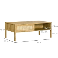HOMCOM Table basse rectangulaire table de salon avec multi-rangements niche et tiroir portes effet cannage rotin tissé(m-3)