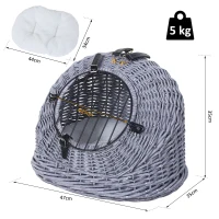 PawHut Cestino per Gatti Fino 5Kg in Vimini, Trasportini Gatti Vimini, Naturale Grigio con Cuscino Incluso (47cm x 35cm x 35cm)(m-3)
