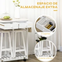 HOMCOM Carrito de Cocina de Madera con 2 Taburetes Mesa con Ruedas Ala Abatible Cajones y Estante 87x74x86 cm Blanco(m-6)