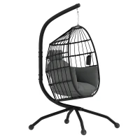 Outsunny Buitenhangstoel met inklapbare korfzitting en dikke kussens, standaard, hoofdsteun, bekerhouder, Zwart(m-10)