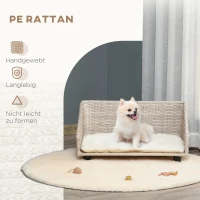 PawHut Haustiersofa Hundebett Rattan mit Kissen vier Füßen Haustierbett Katzenbett Hundekorb Hundesofa für kleine Hunde Hellgrau+Weiß 70,5 x 40 x 37,5 cm(m-5)