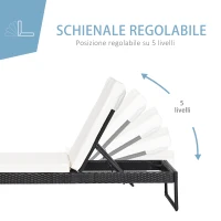 Outsunny 3pz Componibile 2 Lettinio Prendisole da Giardino(60 x 195 x 86cm) e 1 Tavolino (121 x 40 x 50cm) Rattan con Materassini, Nero e Bianco Crema(m-5)