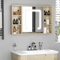 kleankin LED Bathroom Mirror Cabinet, Wall Mounted Dimmable Brightness Medicine Cabinet with Adjustable Shelf and Mirrored Door, Memory Function, USB Charge, Natural(m-2)