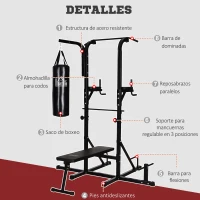 HOMCOM Estación de Musculación con Saco de Boxeo 20 kg Barra de Dominadas y Banco de Pesas Plegable 180x183x219 cm Negro(m-6)