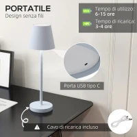 HOMCOM Lampada da Tavolo Portatile in Acrilico e Metallo da 3600mAh con Cavo di Ricarica, Ø11.2x36.5 cm, Grigio(m-4)