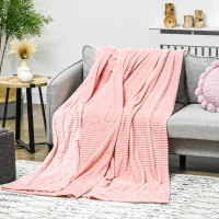 HOMCOM Flannel Fleece Blanket for Sofas, All-Season Fluffy Warm Throw Blanket for Bed, Couch, Chair, Striped Reversible Travel Bedspread, King Size, 230 x 230cm, Pink(m-10)