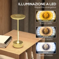 HOMCOM Lampada Senza Filo Touch Luce LED 3 Tonalità e Batteria Ricaricabile, Ø13x28.5cm, Oro(m-5)