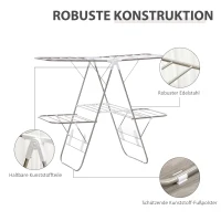 HOMCOM Wäscheständer Standtrockner faltbar 3-stufiger Flügelwäschetrockner Trockengestell Trockenständer Edelstahl Kunststoff Silber Weiß 138 x 60,5 x 112 cm(m-7)