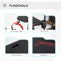 HOMCOM Scrivania Gaming Moderna con Tappetino Mouse Maxi e Accessori, 120x58x75cm - Rosso e Nero(m-6)