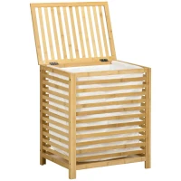 HOMCOM Cesto Portabiancheria a Doghe in Bambù e Poliestere con Coperchio e Sacca Rimovibile, 50x36x60 cm(m-10)