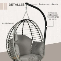 Outsunny Silla Colgante con Soporte Cesta Plegable Cojín y Reposacabezas para Interior y Exterior Carga 120 kg Gris y Negro(m-7)