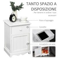 HOMCOM Set 2 Comodini in Legno Bianco con 1 Cassetto e 1 Armadietto in Stile Rétro per Camera da Letto, 35x30x49cm(m-5)