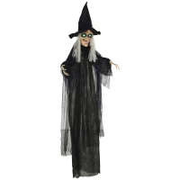 HOMCOM Halloween-Hexe, Halloween-Dekoration, Soundfunktion, mit Bewegungssensor, LED-Lichter, 130 cm x 18 cm x 183 cm(m-10)