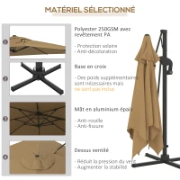 Outsunny Parasol déporté parasol de terrasse carré rotatif à 360° mécanisme hydraulique base croisée et mât en aluminium kaki(m-4)