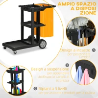 HOMCOM Carrello Pulizie a 3 Ripiani con Ganci e Sacco da 100L, 121x50.5x96.5 cm, Nero Giallo e Grigio(m-4)