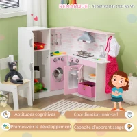 HOMCOM Cuisine d'angle pour enfants avec accessoires, sons et lumières - en MDF - rose et blanche(m-6)