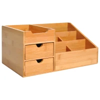HOMCOM Boite de Rangement de Bureau - Organiseur de Bureau - 7 Compartiments, 2 tiroirs - Bambou Verni, Bambou(m-1)