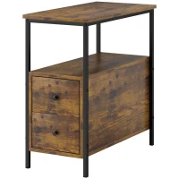 HOMCOM Side Table, Narrow Bedside Table with 2 Drawers and Storage Shelf, Industrial End Table with Metal Frame for Small Spaces, Rustic Brown(m-1)