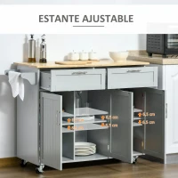 HOMCOM Carro de Cocina con Ruedas Isla de Cocina con 2 Cajones y Barra para Colgar para Comedor 121x46x91 cm Gris(m-5)