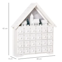 HOMCOM Adventskalender Weichnachtsdekoration Weihnachtsdeko, 24 Schubladen, LED-Lichter, 39 cm x 9 cm x 42 cm, Weiß + Grün(m-3)