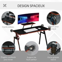 HOMCOM Bureau gaming bureau gamer bureau informatique bracket casque enceintes porte-gobelet grand plateau MDF texture carbone + étagère écran châssis acier rouge noir(m-4)