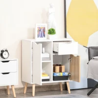 HOMCOM Bedroom Furniture Set, Wardrobe with Hanging Rail, Bedside Table, Floor Cabinet with Storage, Nature Wood Finish and White(m-9)