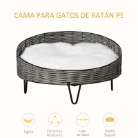 PawHut Cama para Perros Gatos de Mimbre Redonda Cesta Ratán para Mascotas Pequeños con Cojín Lavable y Patas Elevadas de Acero Ø60x32 cm Gris y Blanco(m-7)