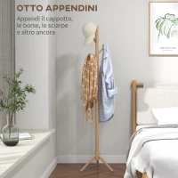 HOMCOM Appendiabiti da Terra in Legno di Abete a 8 Ganci per Casa e Ufficio, 40x40x165 cm, color Legno(m-4)