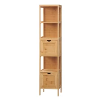 kleankin Badezimmerschrank, 3 Regale, 2 Schubladen, Bambus, 30 cm x 30 cm x 140 cm, Natur(m-10)