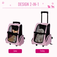 PawHut Trasportino Zaino 2 in 1 per Cani e Gatti con Tasche Laterali, Maniglia Telescopica e Ruote, 42x25x55cm, Rosa(m-4)