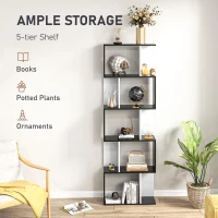 HOMCOM Bookcase, S-Shaped Wooden Bookshelf, 5/6 Tiers Freestanding Storage Shelf, Home Office Decorative Display Stand Rack, Black and White, 24D x 60W x 184.5H(m-4)