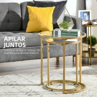 HOMCOM Juego de 2 Mesitas Auxiliares Anidadas con Estructura de Metal y Encimera de Cristal Ø50x58 cm y Ø37x51 cm Dorado(m-4)