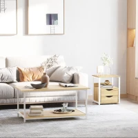 HOMCOM Mesa Auxiliar con 2 Cajones y Estantes de Almacenamiento Mesita de Noche con Marco de Metal 40x35x49 cm Natural(m-2)