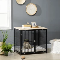 PawHut Jaula para Perros con Encimera Mesa Auxiliar con Perrera con Pestillo y Cojín Lavable 80x55x71 cm Roble y Negro(m-2)