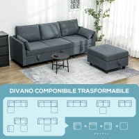 HOMCOM Divano Componibile Modulare 3 Posti con Pouf Poggiapiedi e Cuscini, Rivestimento in Flanella, Grigio Scuro(m-4)