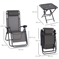 Outsunny 3pcs Folding Zero Gravity Chairs Sun Lounger Table Set w/ Cup Holders Reclining Garden Yard Pool, Dark Grey(m-3)