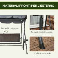 Outsunny Dondolo da Giardino 3 Posti in Rattan PE e Acciaio con Tettuccio Regolabile e Portabicchieri, 204x112x150 cm(m-6)