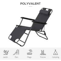 Outsunny Chaise Longue inclinable transat Bain de Soleil fauteuil relax jardin 2 en 1 Pliant têtière Amovible Charge Max. 136 Kg Toile Oxford Facile d'entretien Gris(m-4)