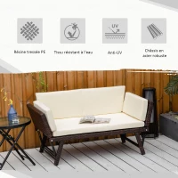 Outsunny Canapé lit de jardin extensible 3 places grand confort 4 coussins écru inclus résine tressée imitation rotin chocolat(m-5)
