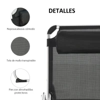 Outsunny Tumbona Plegable Reclinable de Aluminio con Reposacabezas Extraíble y Respaldo Transpirable Ajustable en 4 Posiciones para Jardín Terraza Camping Exterior 170x60x76 cm Negro(m-5)