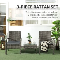 Outsunny 3 Pieces Rattan Bistro Set, Wicker Garden Furniture Set with Glass Top Coffee Table and Chairs, Washable Cushions for Outdoor, Patio, Balcony, Mixed Grey(m-4)