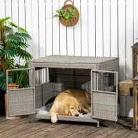 PawHut Wicker Dog Cage, Dog Crate with Lockable Door and Soft Washable Cushion for Medium to Large Sized Dogs, 85 x 61 x 70 cm, Grey(m-2)