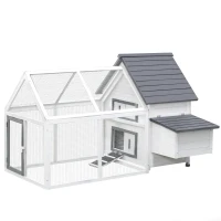 PawHut Poulailler clapier modèle villa multi-équipée : rampe, nichoirs, perchoirs, plateau excrément, 2 portes bois massif pin gris blanc(m-10)