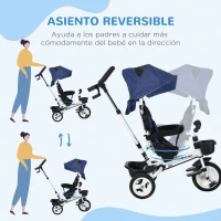 HOMCOM Triciclo para Bebés Plegable Triciclo Evolutivo 2 en 1 para Niños con Toldo Plegable Cestas y Cinturón de Seguridad Azul(m-6)