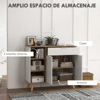 HOMCOM Aparador de Cocina con 1 Cajón 2 Puertas de Cierre Suave y Estantes Ajustables para Comedor 95x35x85 cm Blanco y Natural(m-4)
