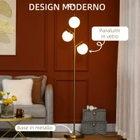 HOMCOM Lampada da Terra Moderna con 3 Punti Luce in Acciaio e Vetro, Ø27x159cm, Oro(m-4)